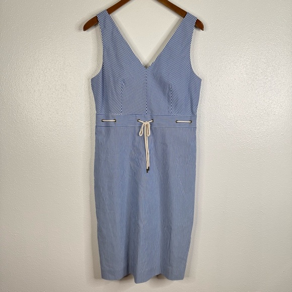 J. Crew NWT Blue Striped Rope Tie Waist V-Neck Sleeveless Dress Size 10 - Picture 1 of 7